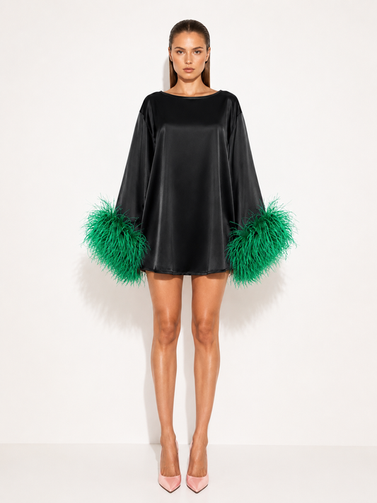 Jess Mini Little Black Party Dress With Green Feathers