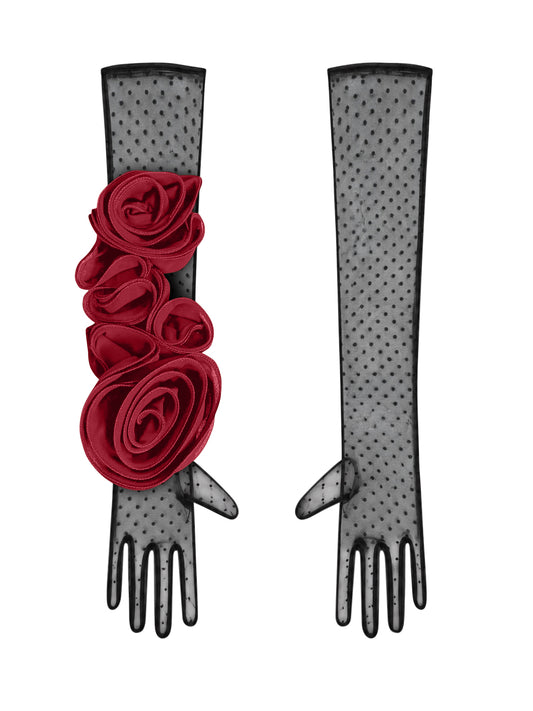 Long Polka Dot Black And Burgundy Gloves