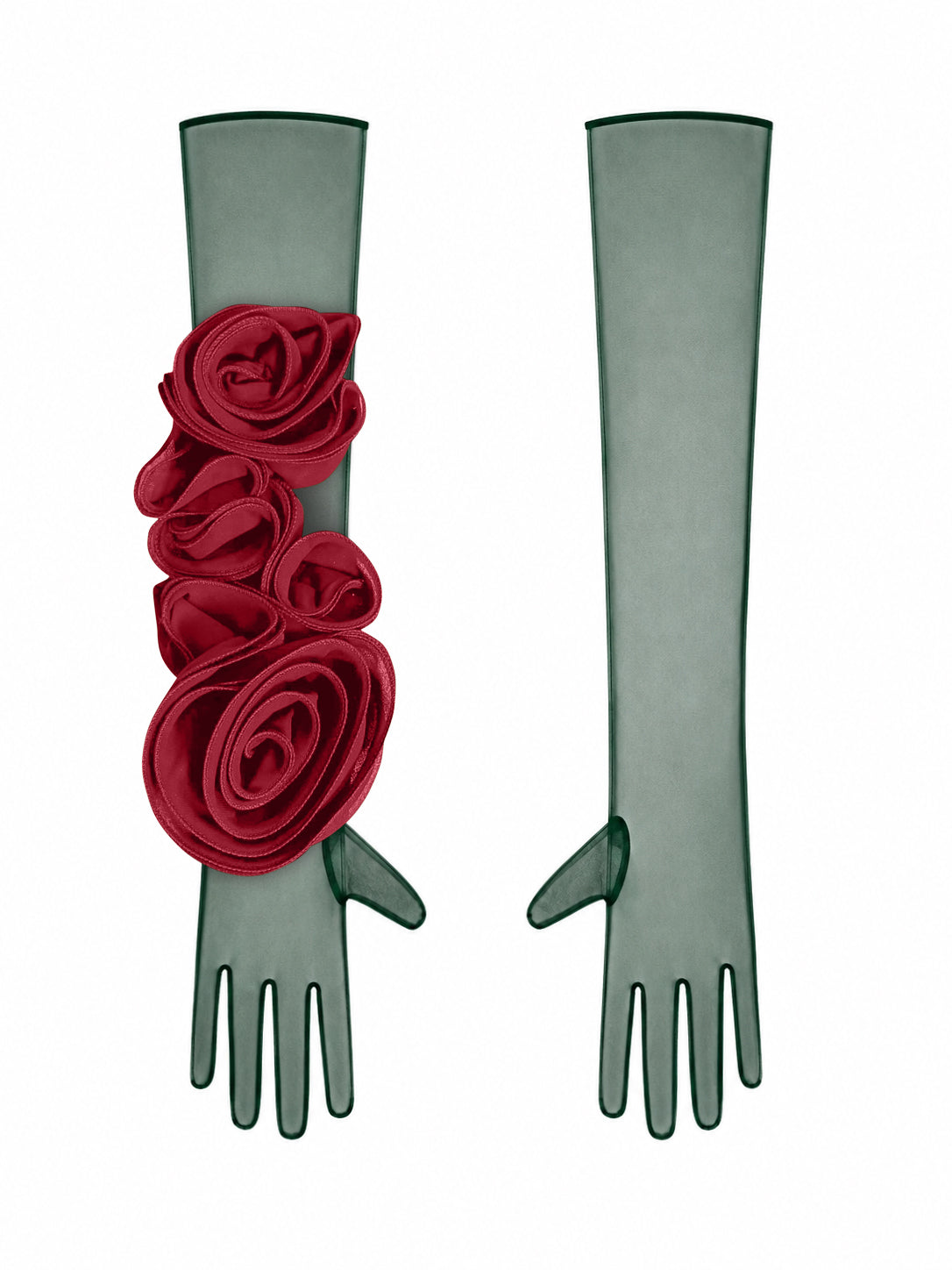 Dark Green Gloves With Burgundy Flower