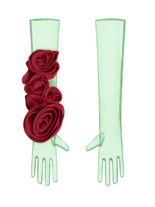 Green Gloves With Burgundy Flower