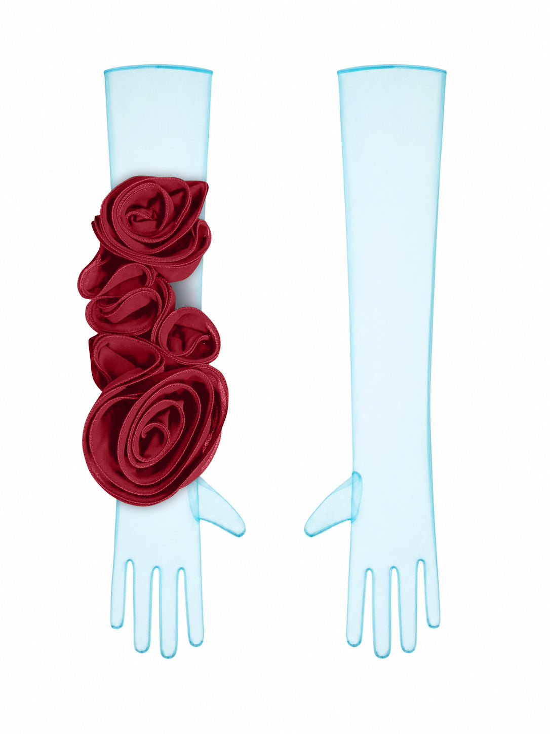 Light Blue Gloves With Burgundy Flower