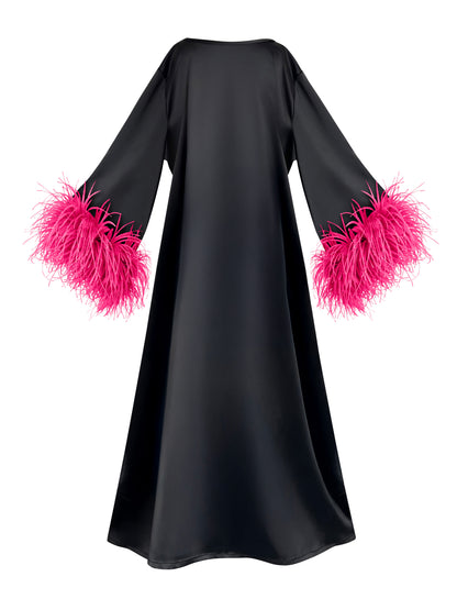 Jess Maxi Black Dress With Pink Feathers