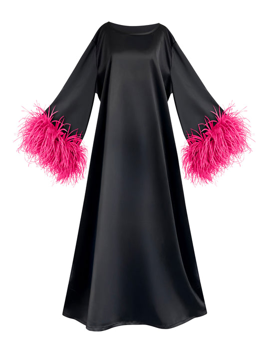 Jess Maxi Black Dress With Pink Feathers