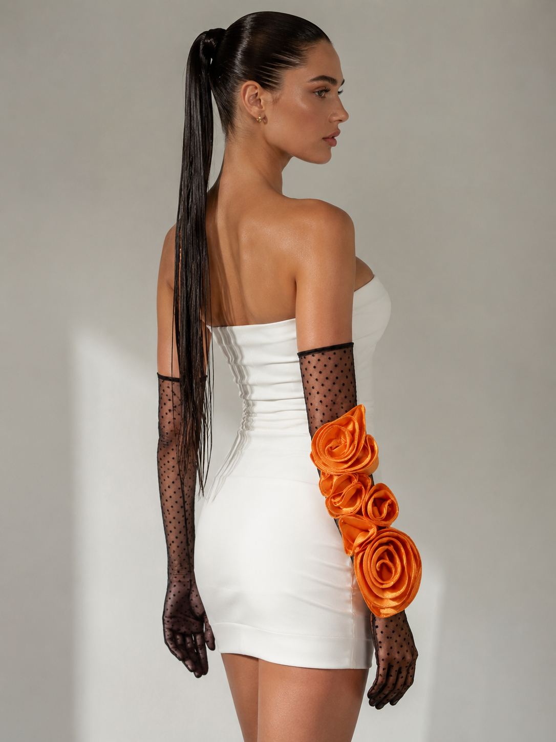 Black Polka Dot Gloves With Orange Flower