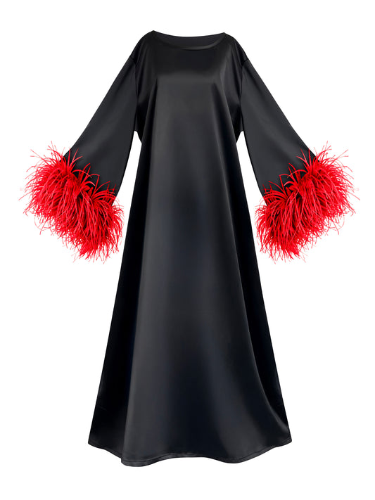 Jess Maxi Black Dress With Red Feathers