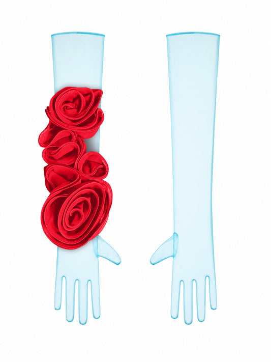 Light Blue Gloves With Red Flower