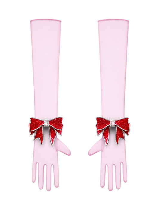 Crystal Red Bow Light Pink Chic Gloves