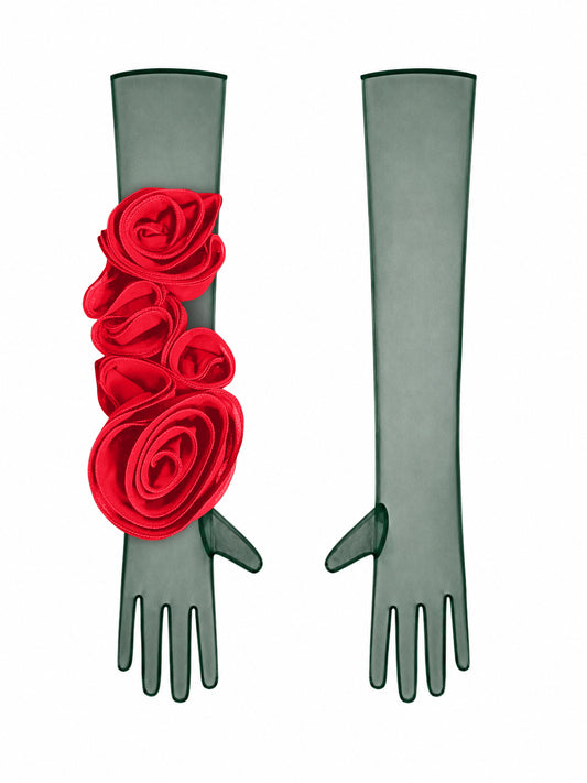 Dark Green Gloves With Red Flower