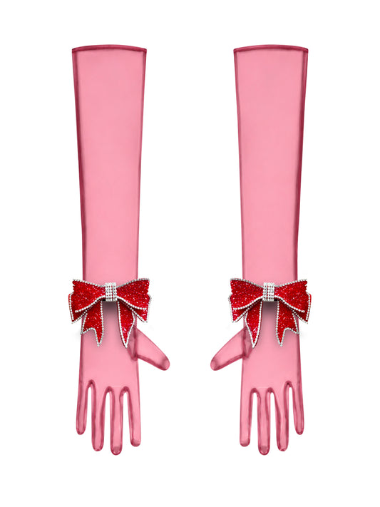 Crystal Bow Light Red Chic Gloves