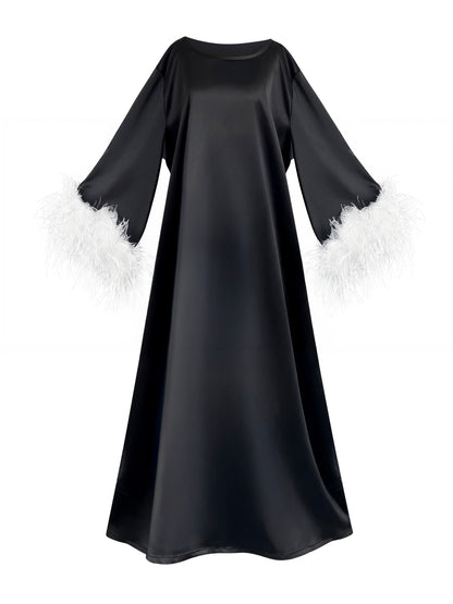 Jess Maxi Maxi Black Party Dress With White Feathers