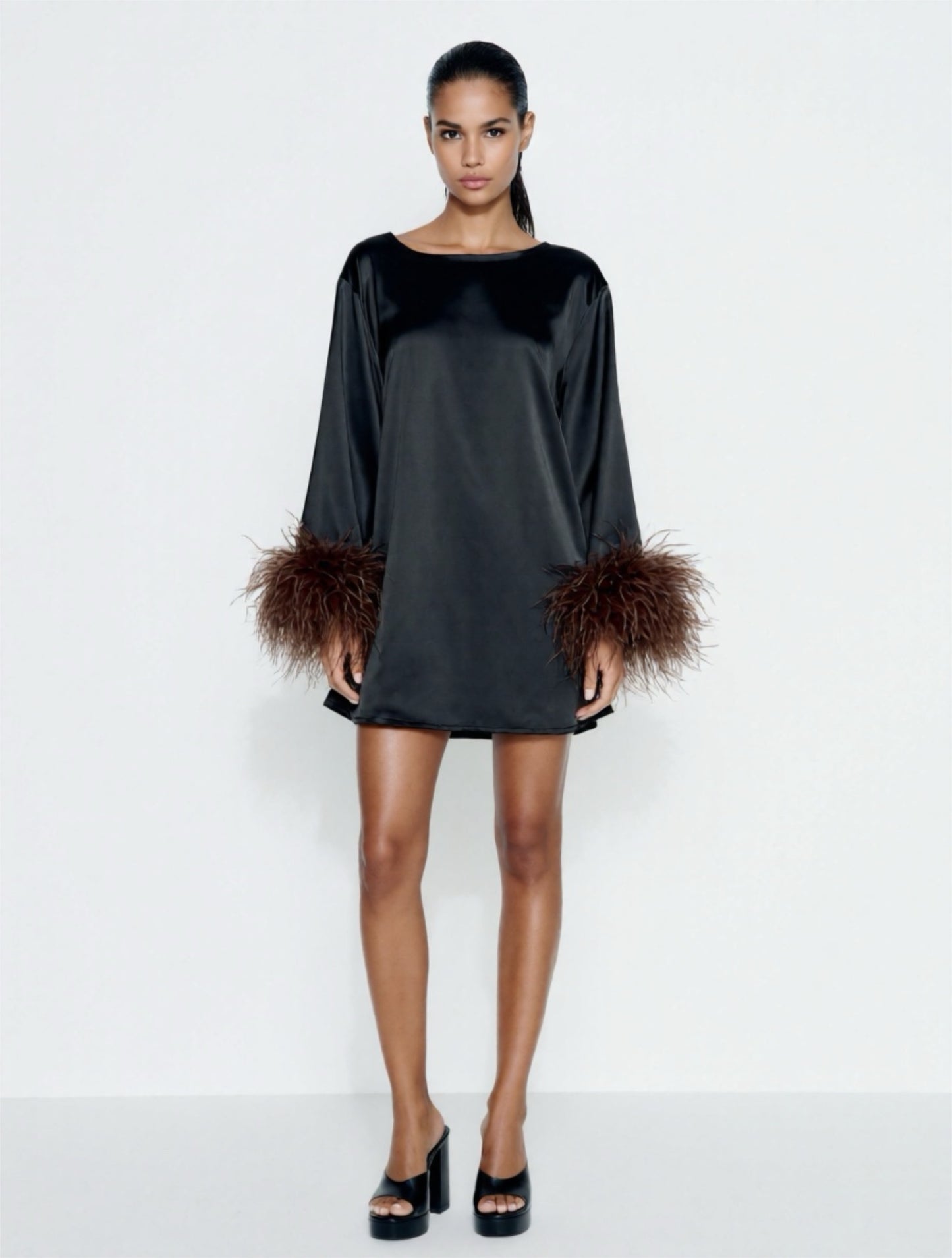 Jess Mini Little Black Party Dress With Brown Feathers