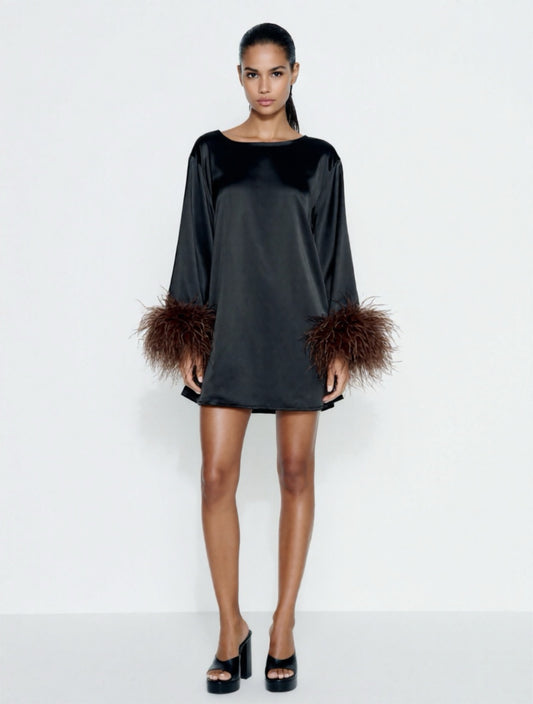 Jess Mini Little Black Party Dress With Brown Feathers