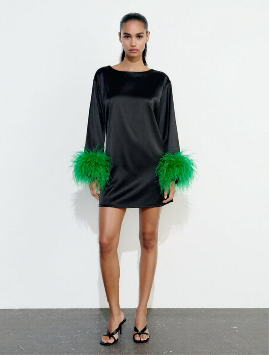 Jess Mini Little Black Party Dress With Green Feathers