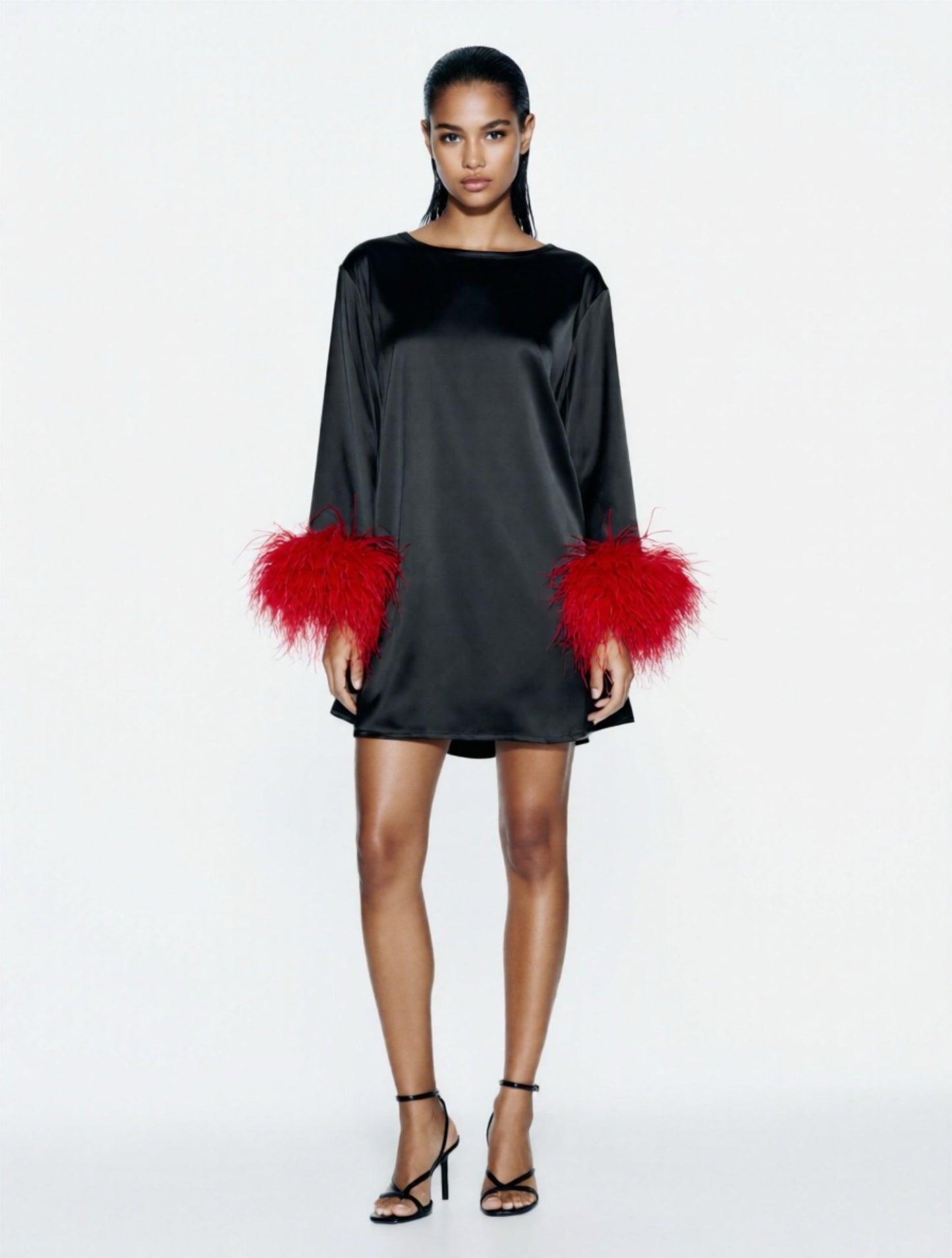 Jess Mini Little Black Party Dress With Red Feathers