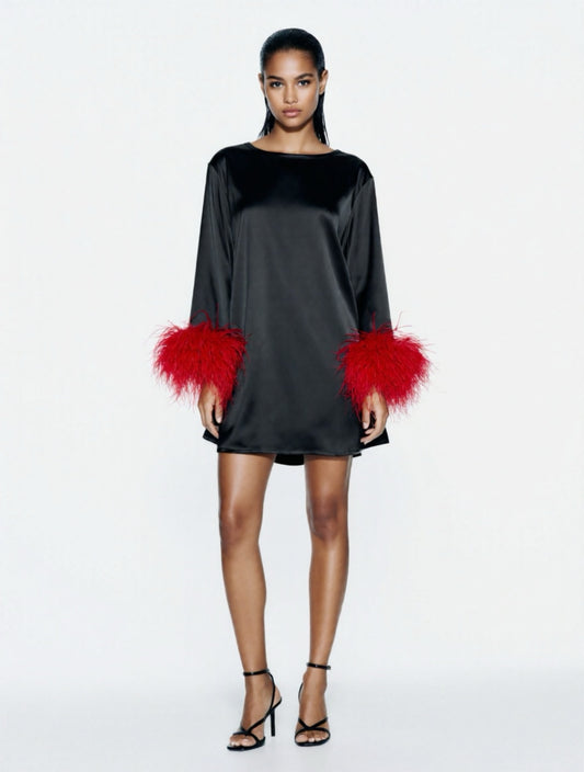 Jess Mini Little Black Party Dress With Red Feathers
