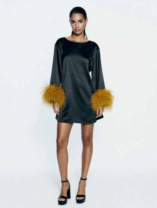 Jess Mini Little Black Party Dress With Yellow Feathers