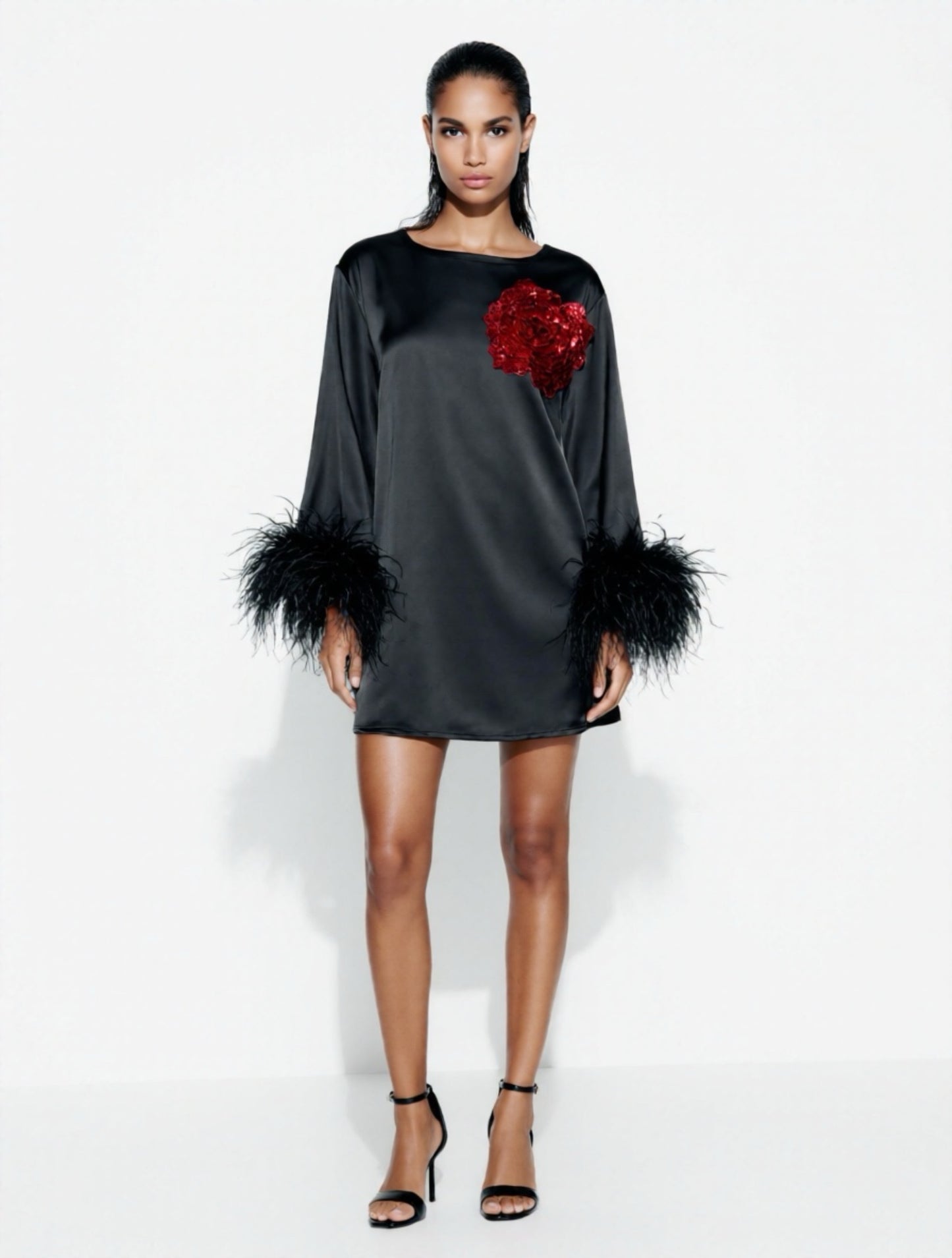 Jess Mini Little Black Party Dress With Red Sequin Flower