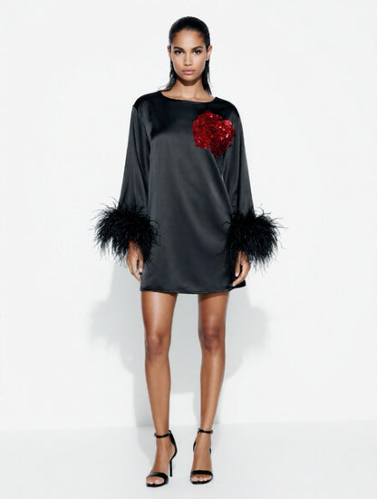 Jess Mini Little Black Party Dress With Red Sequin Flower