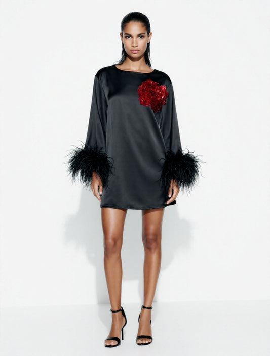 Jess Mini Little Black Party Dress With Red Sequin Flower