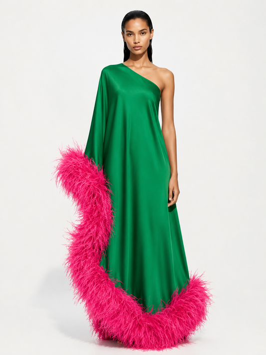 Star Green Dress Pink Feathers