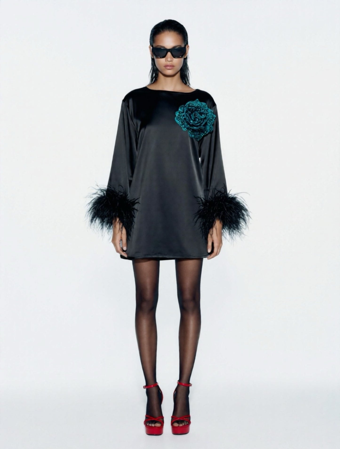 Jess Mini Little Black Party Dress With Green Sequin Flower