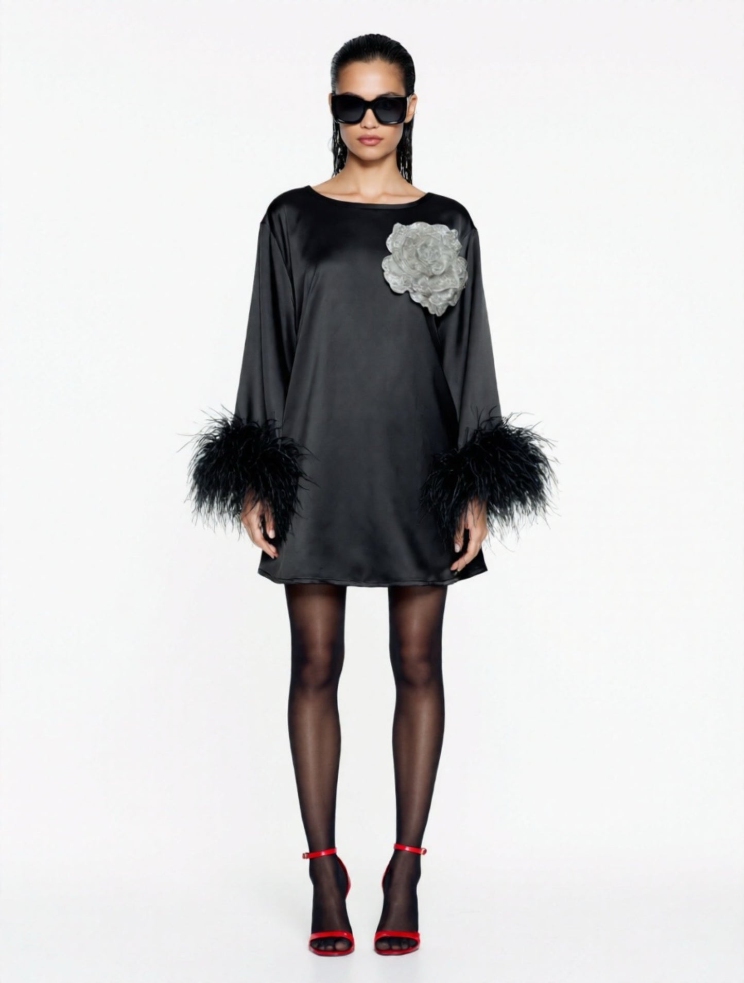 Jess Mini Little Black Party Dress With White Sequin Flower