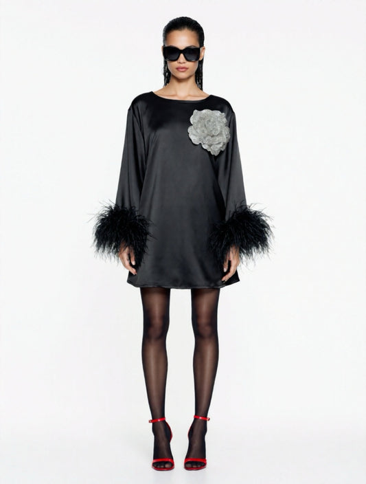 Jess Mini Little Black Party Dress With White Sequin Flower