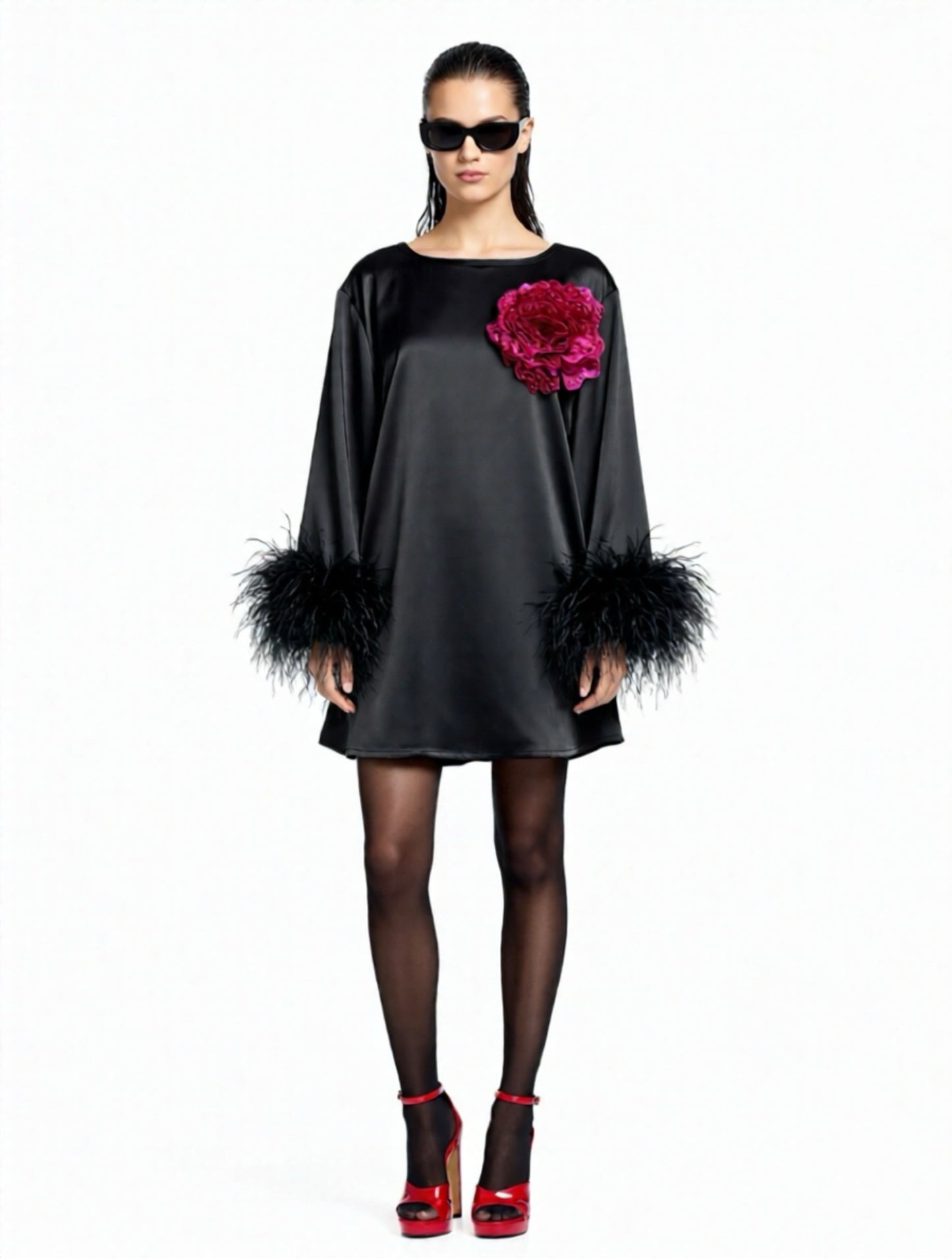 Jess Mini Little Black Party Dress With Fuchsia Sequin Flower