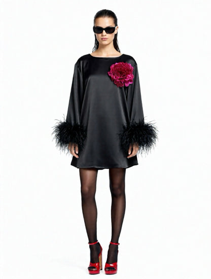 Jess Mini Little Black Party Dress With Fuchsia Sequin Flower