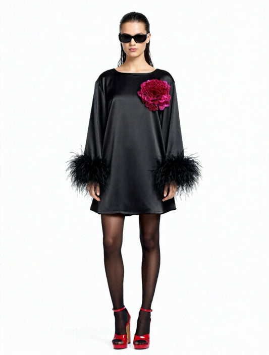 Jess Mini Little Black Party Dress With Fuchsia Sequin Flower