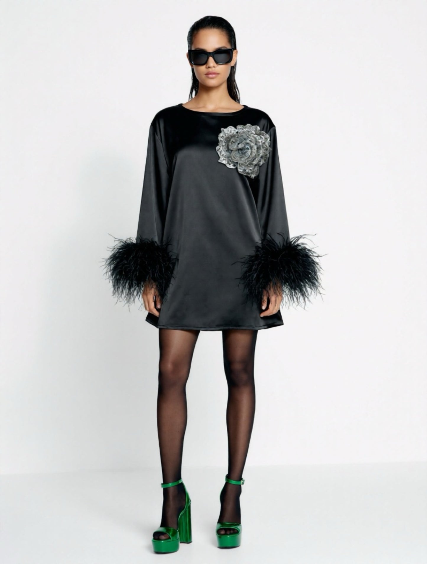 Jess Mini Little Black Party Dress With Silver Sequin Flower