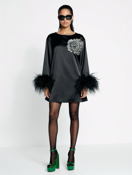 Jess Mini Little Black Party Dress With Silver Sequin Flower