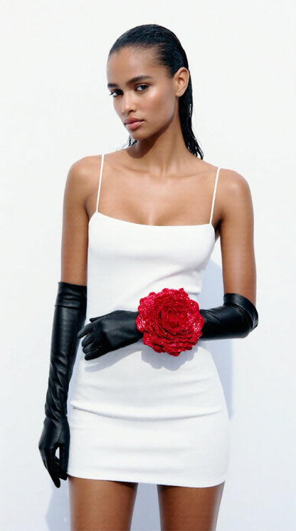 Black Evening Chic Gloves With Red Sequin Rose