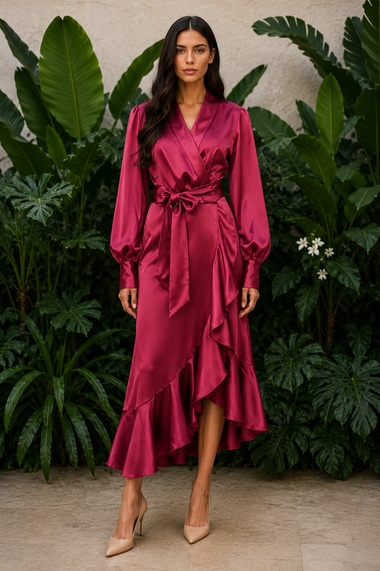 Burgundy Wrap Tulip Dress