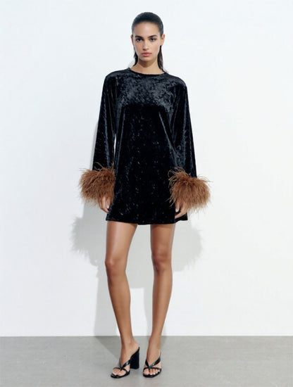 Jess Mini Little Black Velvet Dress With Brown Feathers
