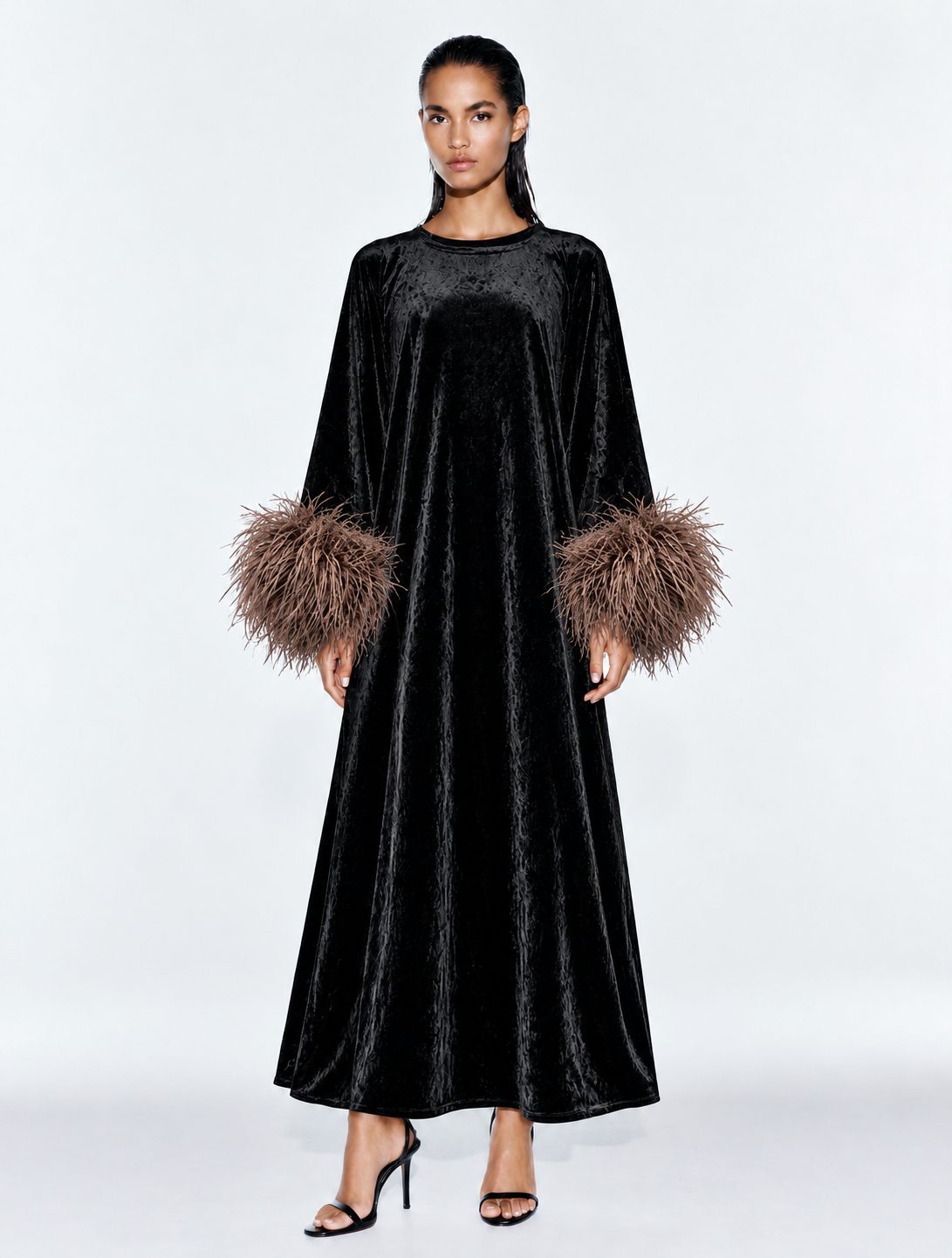 Jess Maxi Velvet Brown Feathers