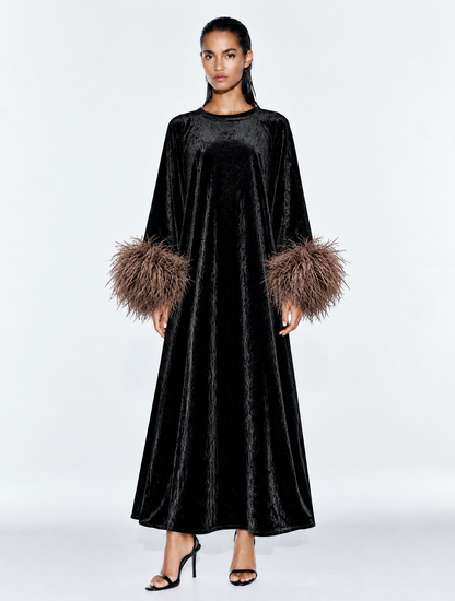 Jess Maxi Velvet Brown Feathers