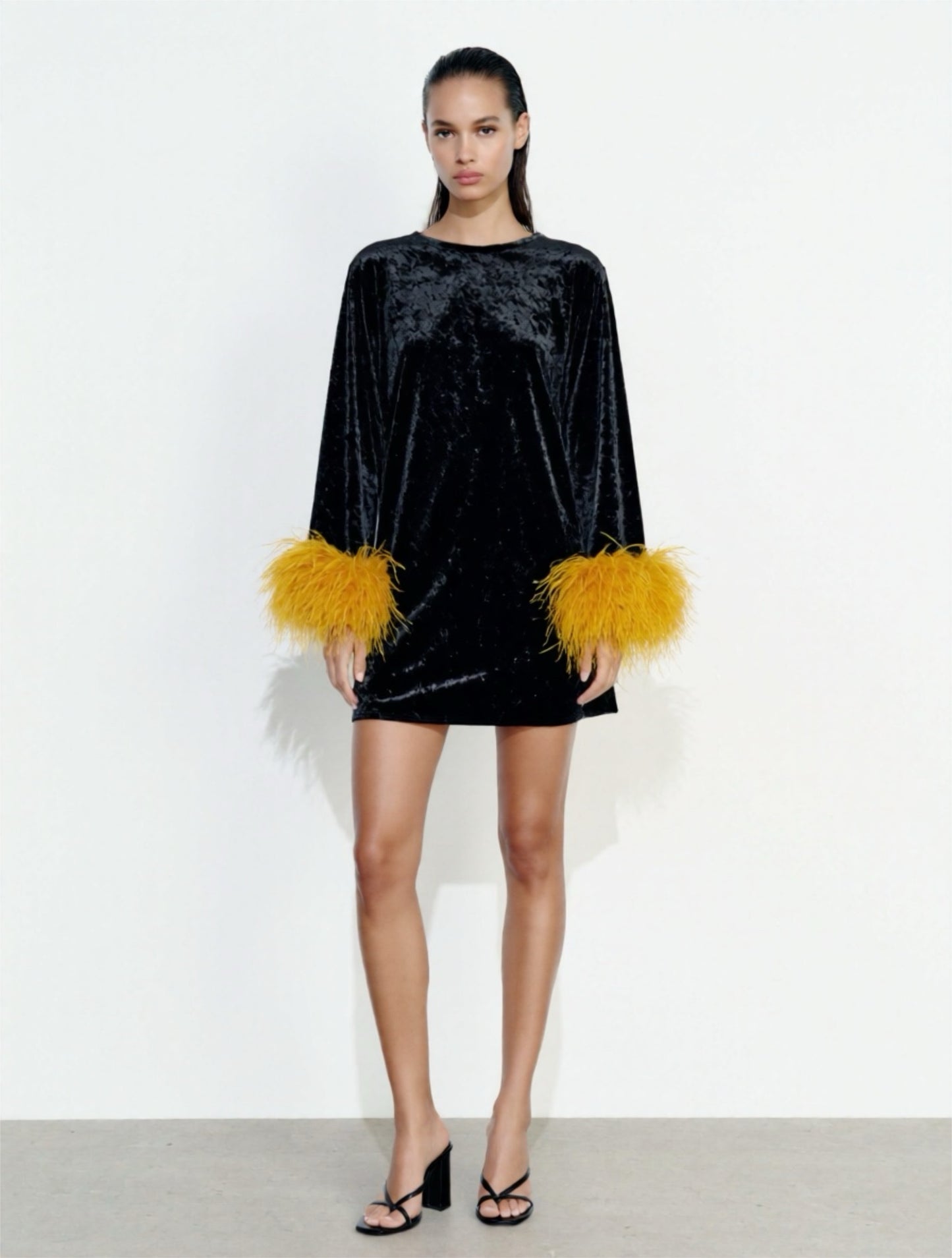 Jess Mini Little Black Velvet Dress With Yellow Feathers