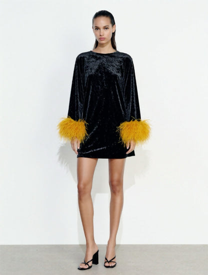 Jess Mini Little Black Velvet Dress With Yellow Feathers