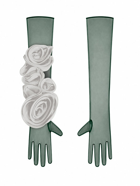 Dark Green Gloves With White Flower