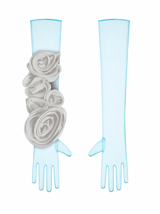 Light Blue Gloves With White Flower