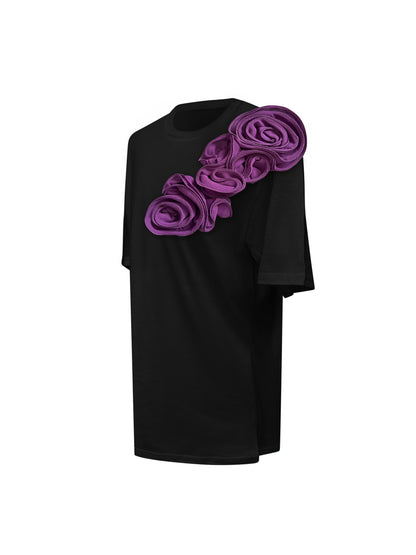 Black Cotton T-Shirt With Handmade Flower