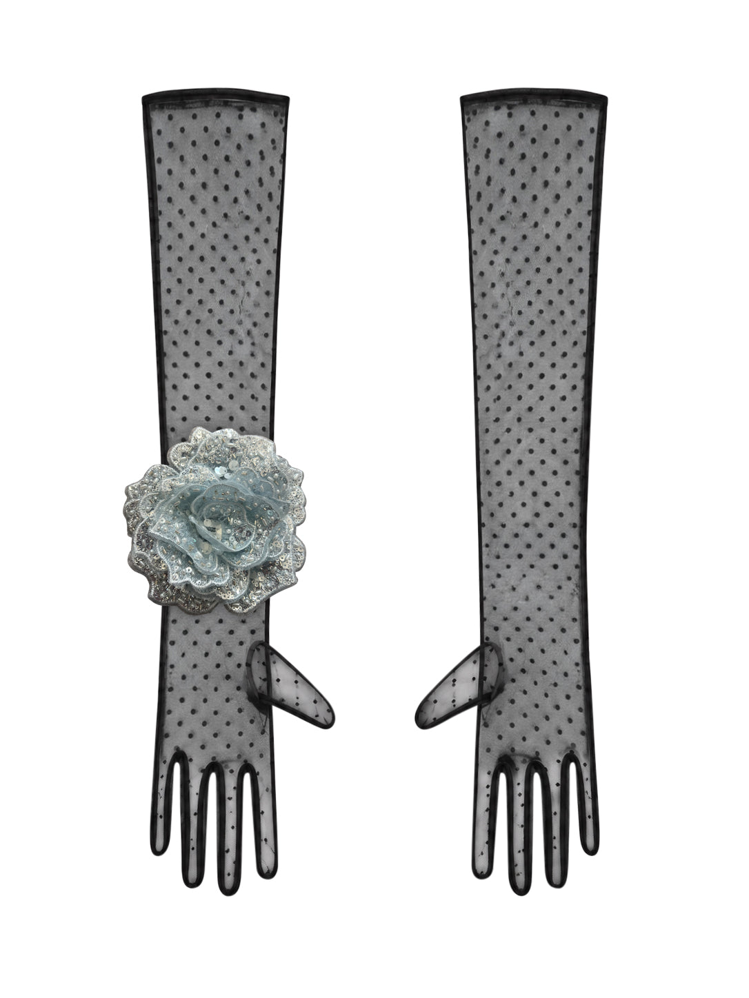 Long Black Polka Dot Gloves With Light Blue Sequin Rose