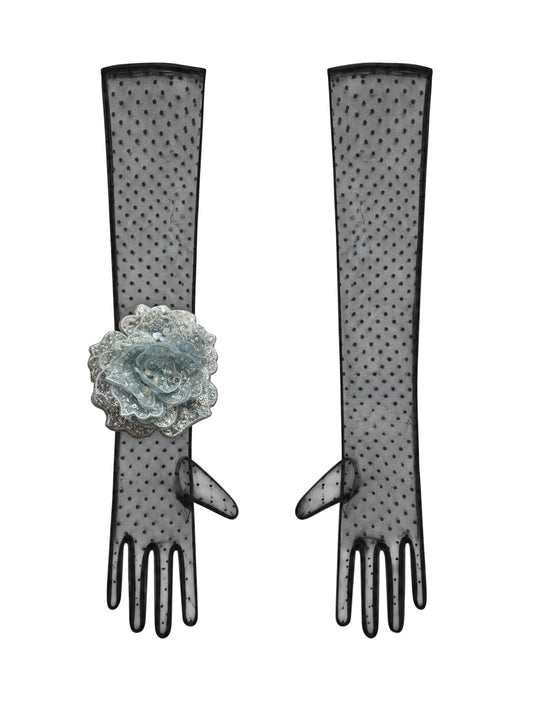 Long Black Polka Dot Gloves With Light Blue Sequin Rose