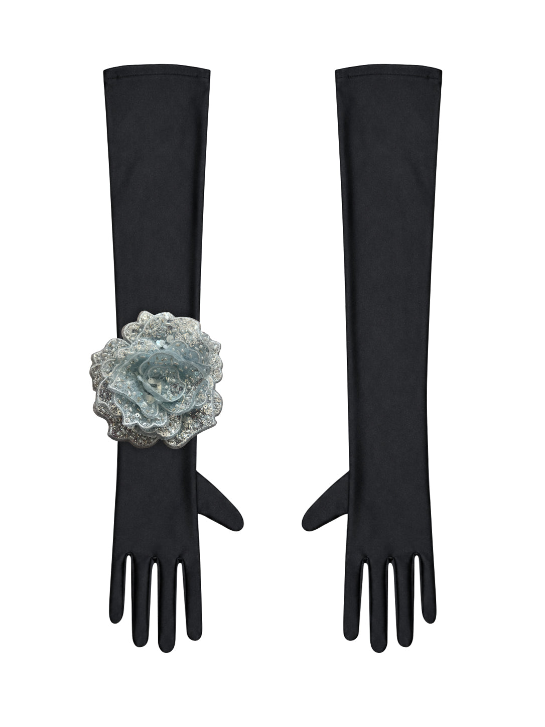 Black Evening Chic Gloves With Light Blue Sequin Rose
