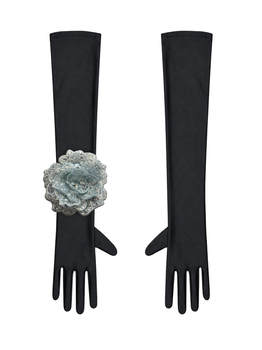 Black Evening Chic Gloves With Light Blue Sequin Rose
