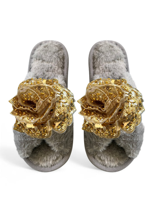 Classic Grey Faux Fur Open Toe Slippers
