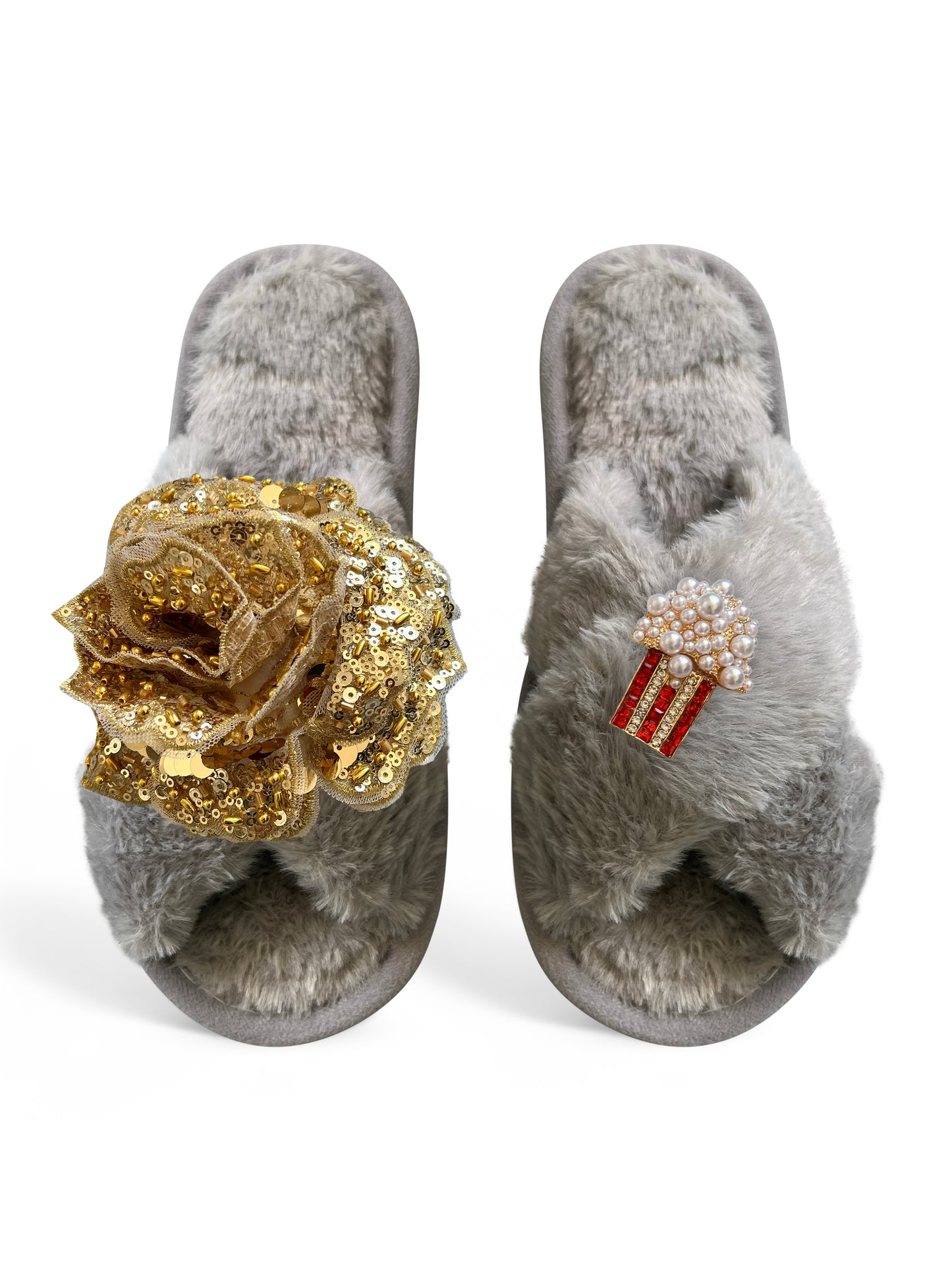 Classic Toma Faux Fur Open Toe Gold Sequin And Popcorn Slippers