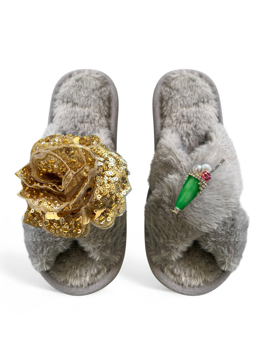 Classic Toma Open Toe Gold Sequin Flower And Ice Cream Slippers