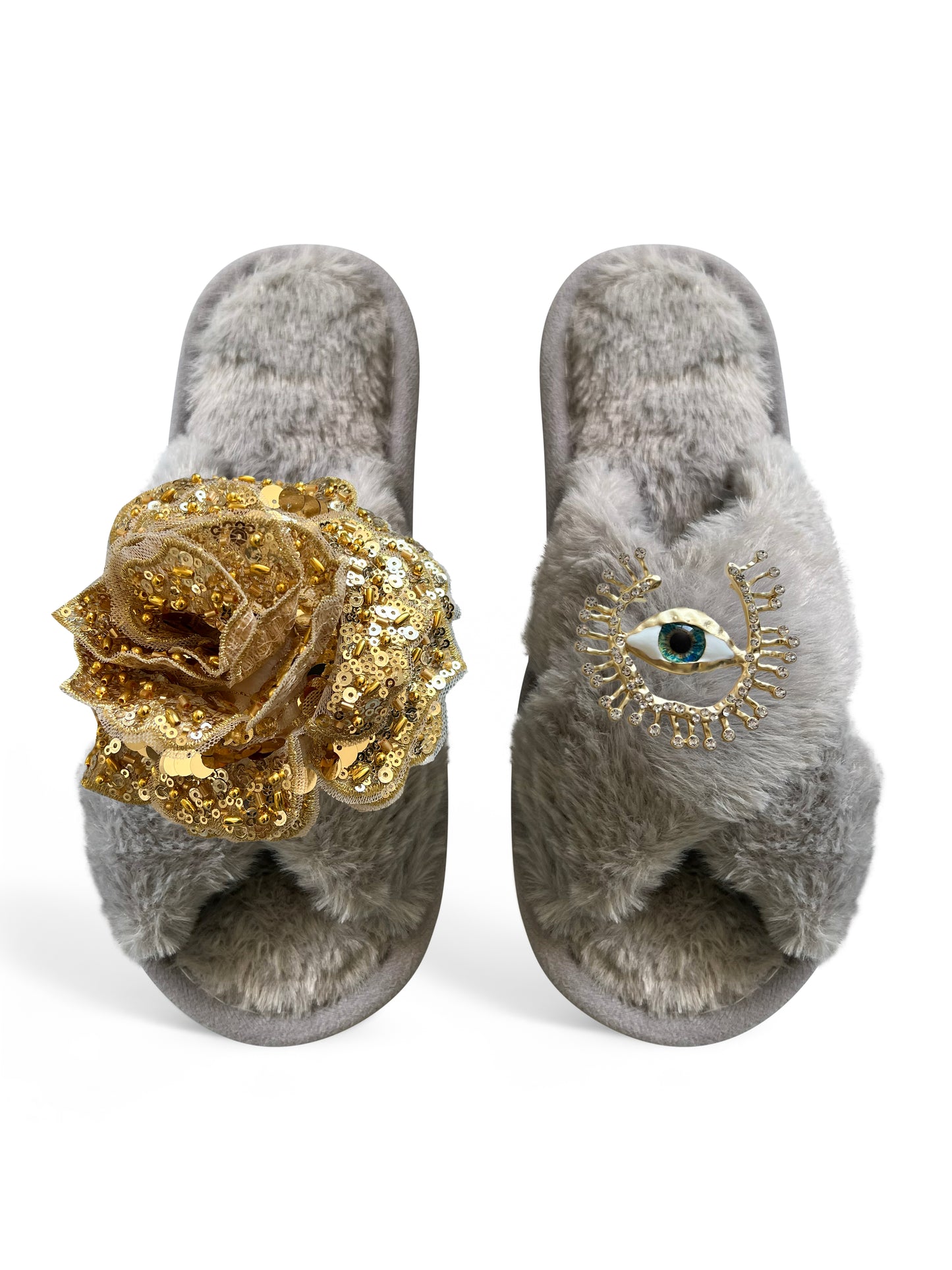 Classic Toma Open Toe Gold Sequin Flower With Blue Eye Slippers